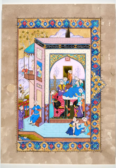 Detailreiche persische Miniatur einer belebten Hofszene in ornamentaler blaugoldener Rahmung.