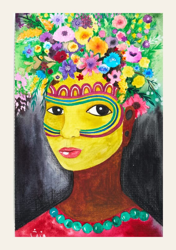 Frauenportrait mit gelbem Gesicht, dunklem Haar und einer üppigen Krone aus Blüten und Blättern.