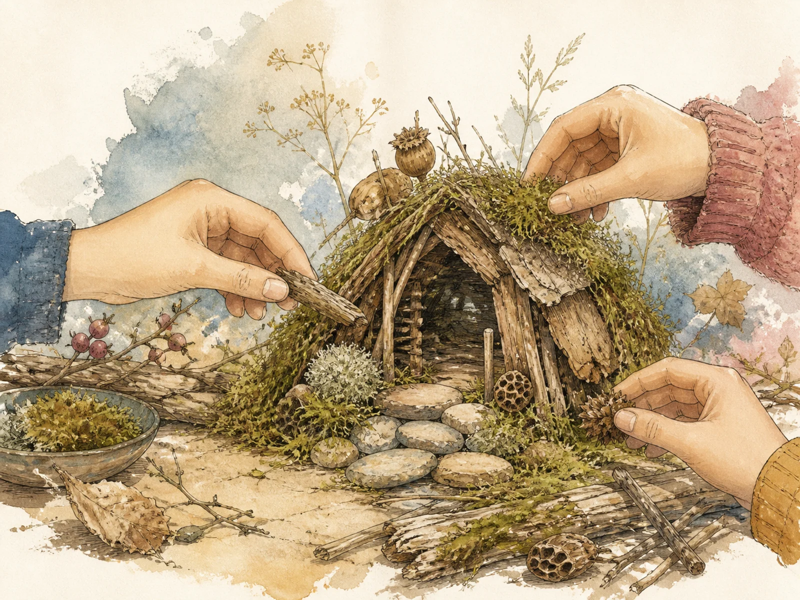 Illustration: Hände bauen aus Zweigen, Rinde, Moos und Steinen eine kleine Behausung.