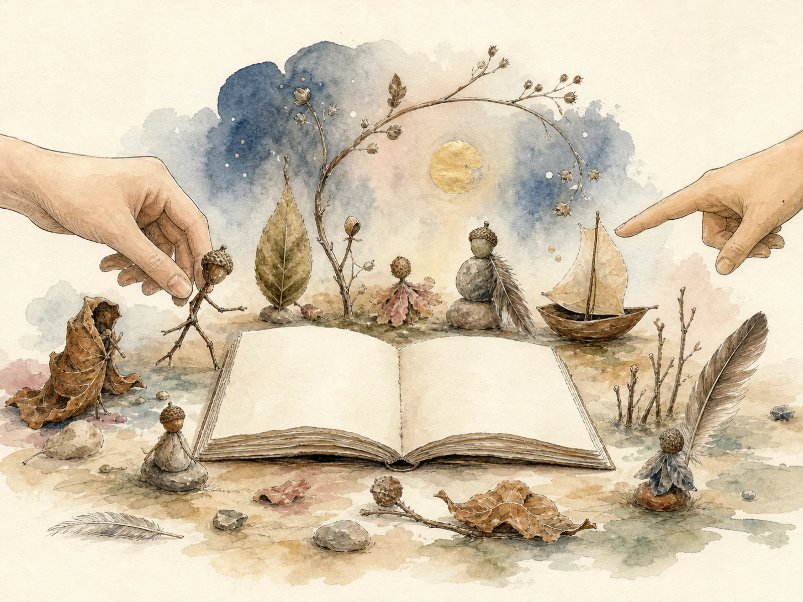 Illustration: Naturmaterialien werden vor einem offenen Buch zu Figuren einer Geschichte.