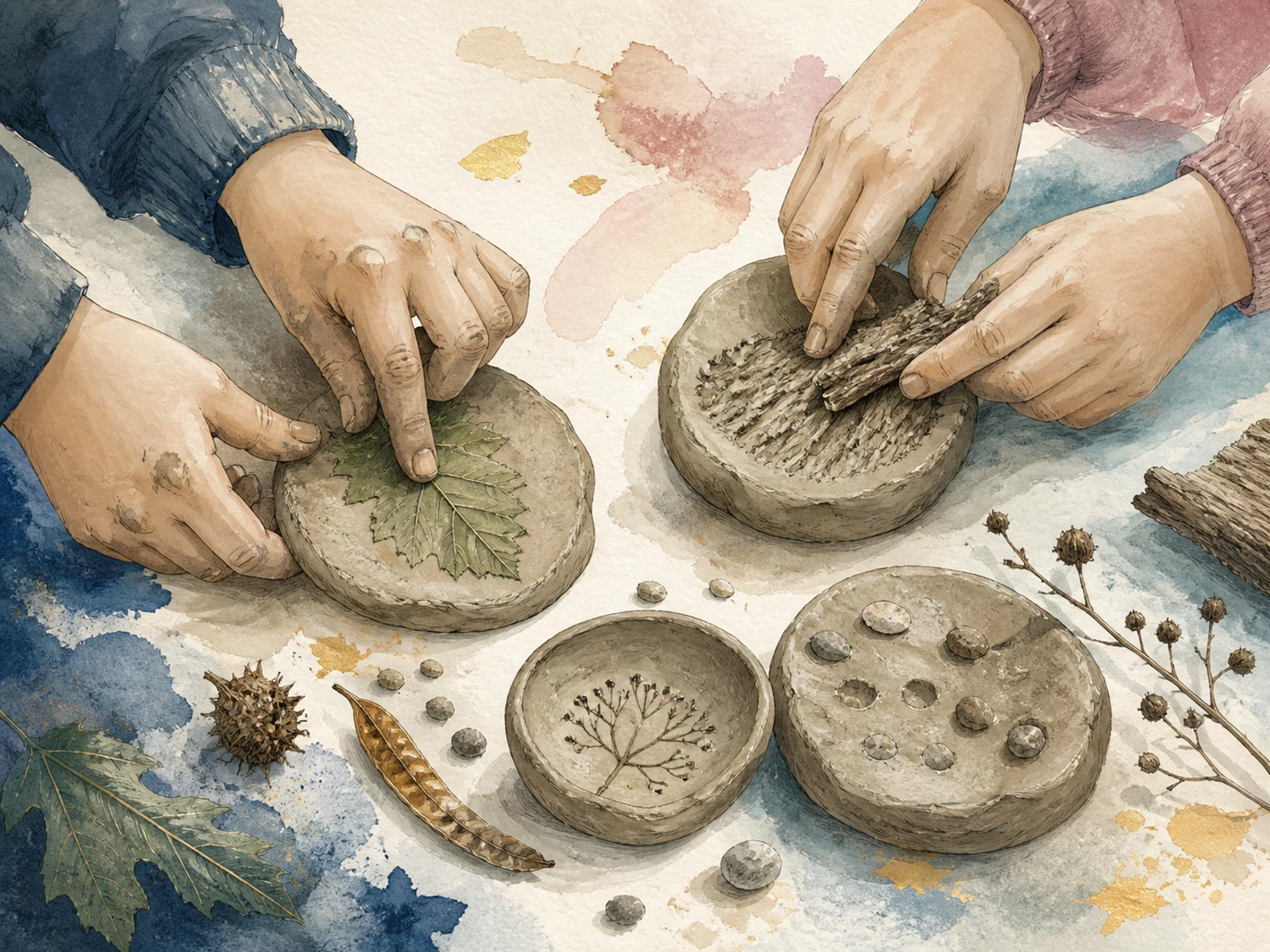 Illustration: Hände drücken Blätter, Rinde und kleine Steine in weichen Naturton.