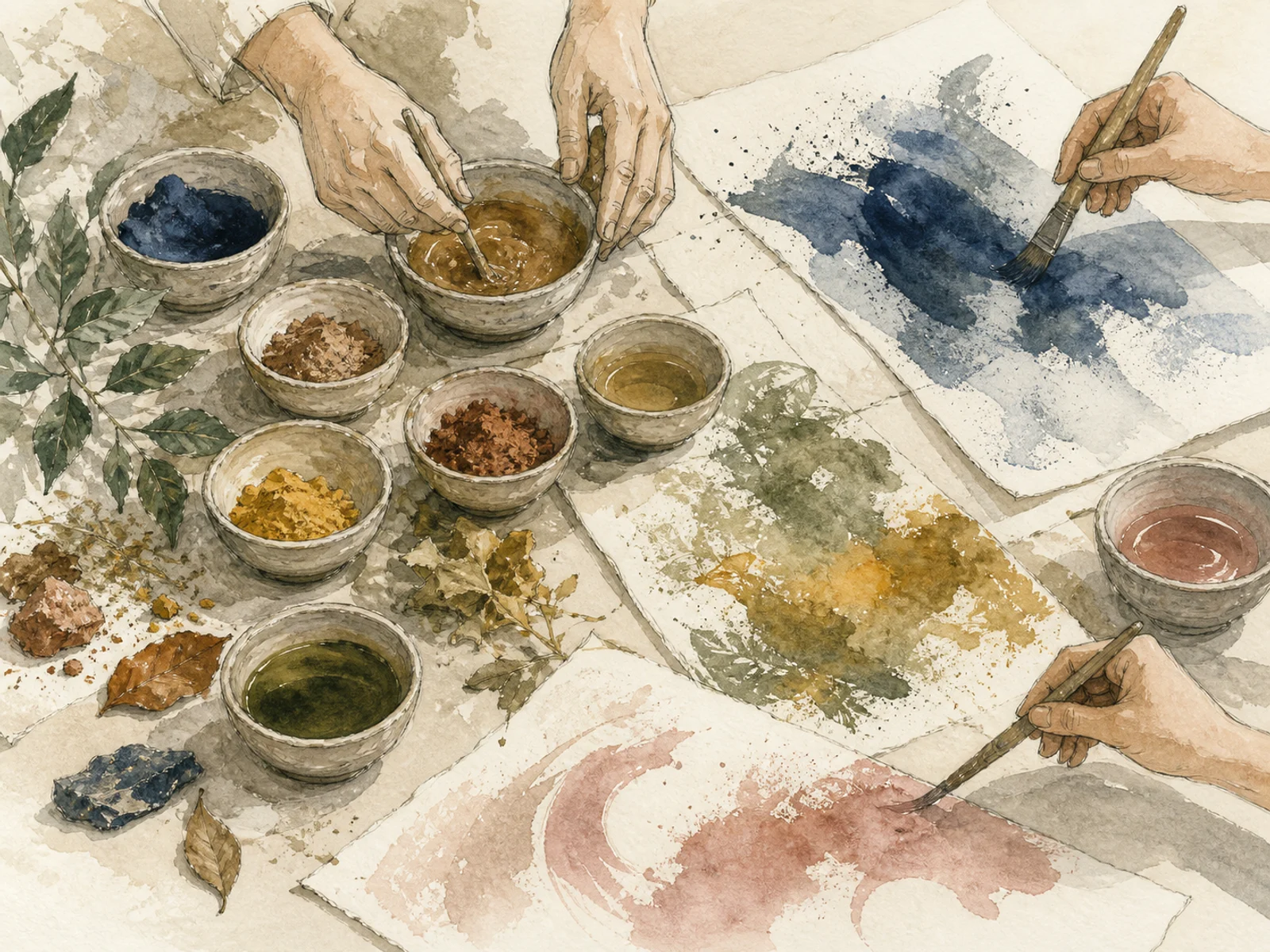Illustration: Hände mischen Naturpigmente und malen mit Blau, Ocker, Grün und Rosa auf Papier.